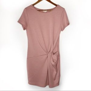 Pink Short Sleeve Front Twist Sheath Dress | L